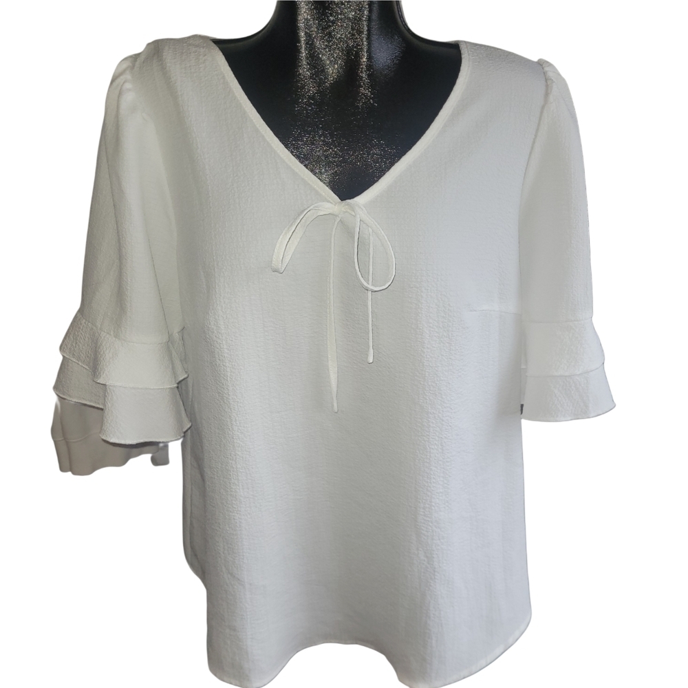 Shein Curve White Ruffle Short Sleeve V Neck Top 0XL